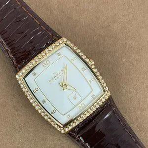 Vintage Skagen Gold Cushion Shape Watch Crystal Bezel White MOP Dial Vintage Skagen® Denmark Crystal Bezel Women Watch, Mother of  main image 4